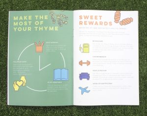Page says "Make the most of your thyme" showing a clock with different icons used for different times. Alternate page says Sweet Rewards and talks about different benefits and shows icons.